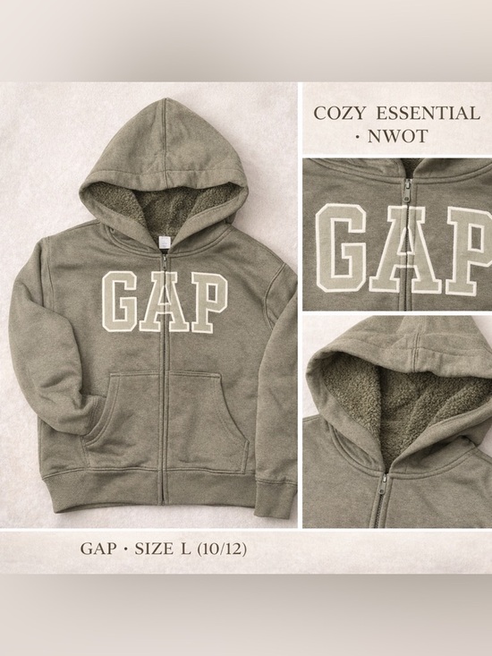 GAP Other - GAP Logo Zip Hoodie Olive Green Fleece Lined Large 10/12 Cozy Casual